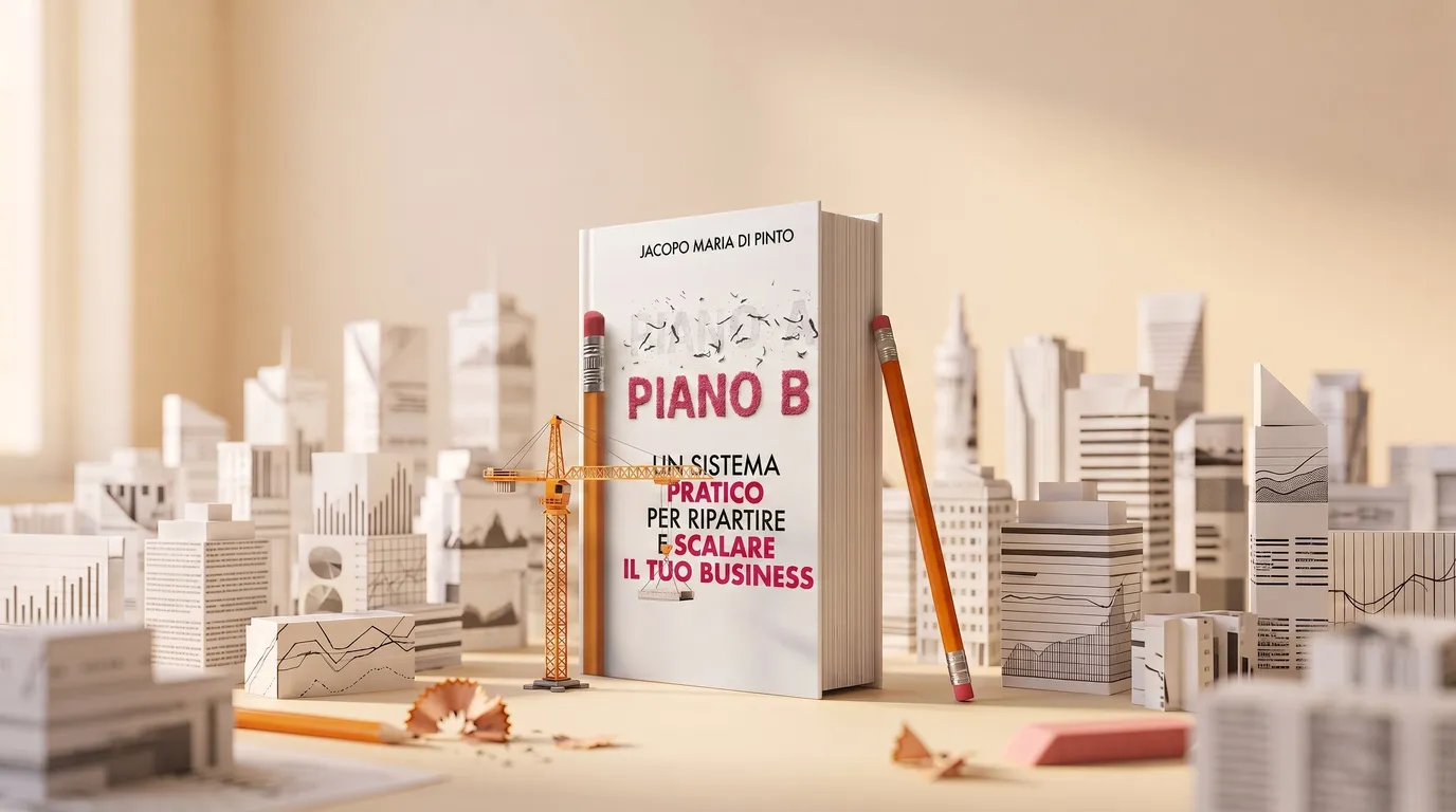 Il libro Piano B al centro di una città di carta in costruzione, con gru e matita